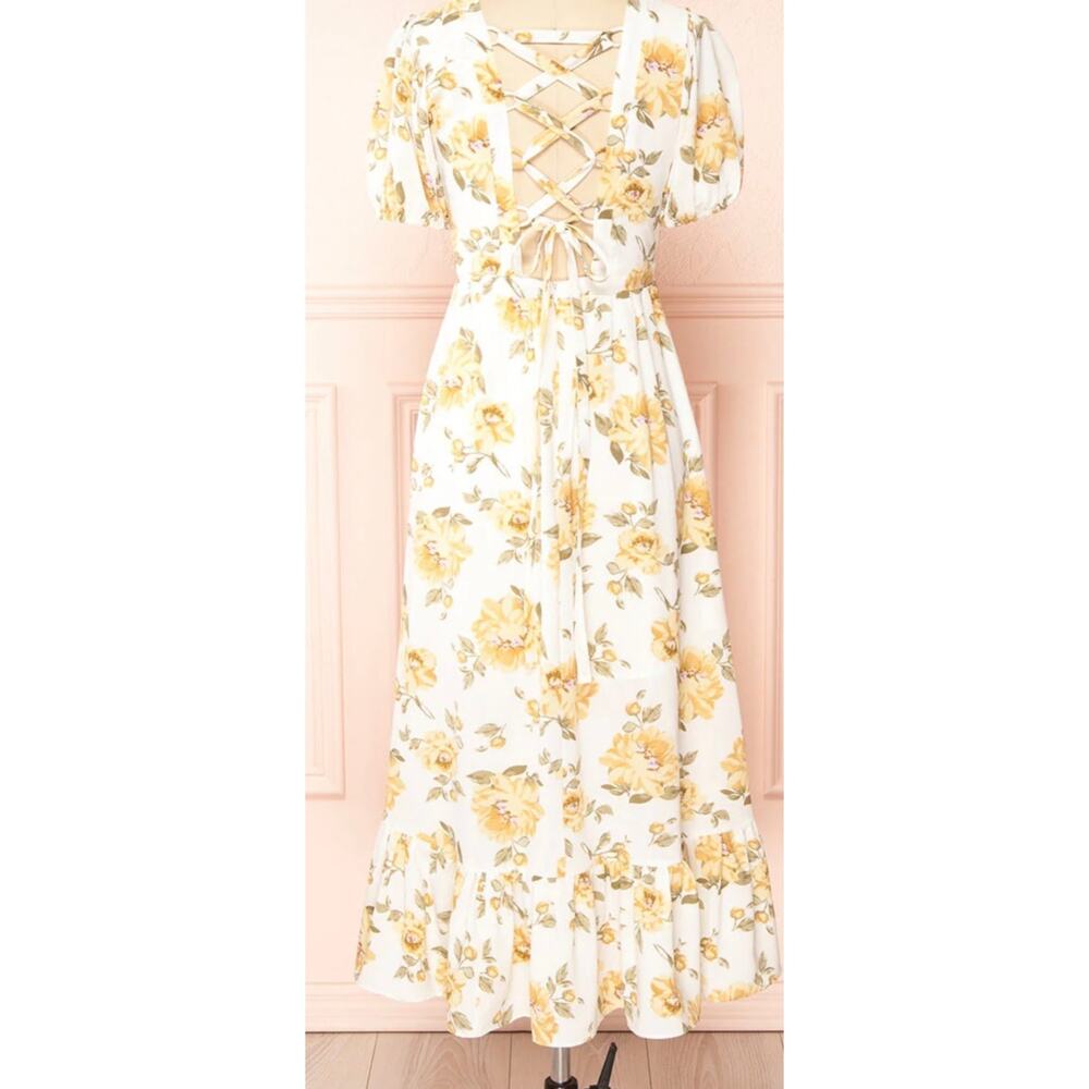 Cottagecore Milkmaid Lace-Up Back Midi Dress Yellow Floral Puff Sleeve S